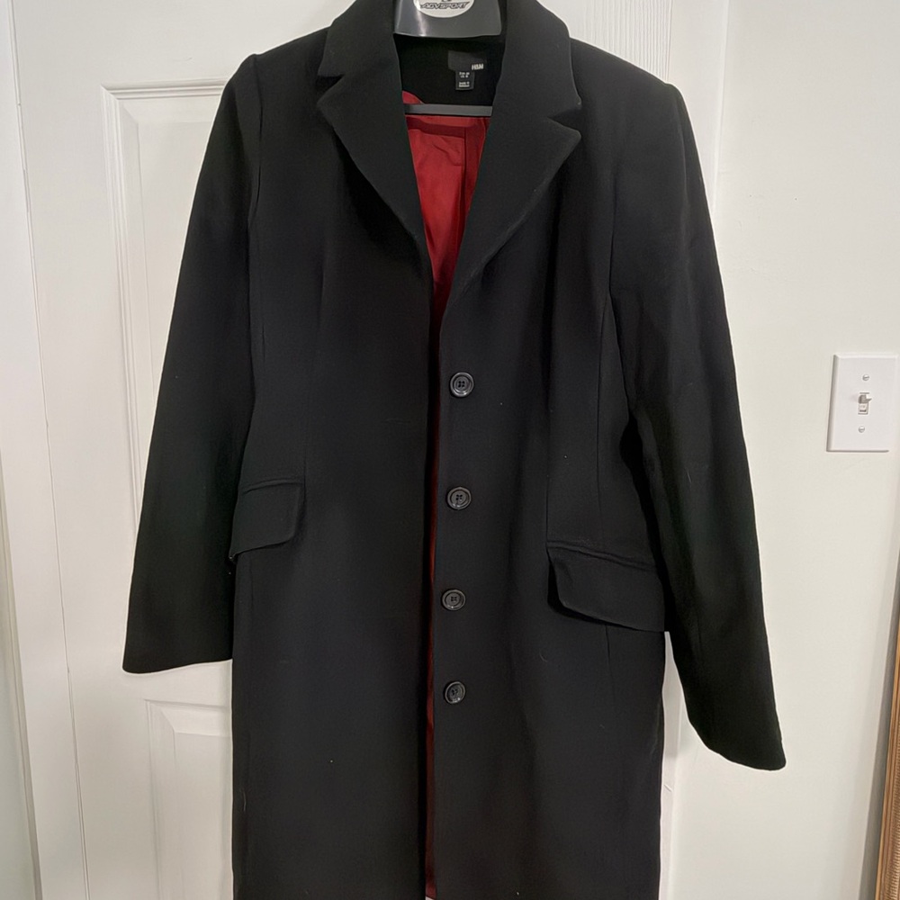 H&M Wool Black Trench Coat with Red Lining